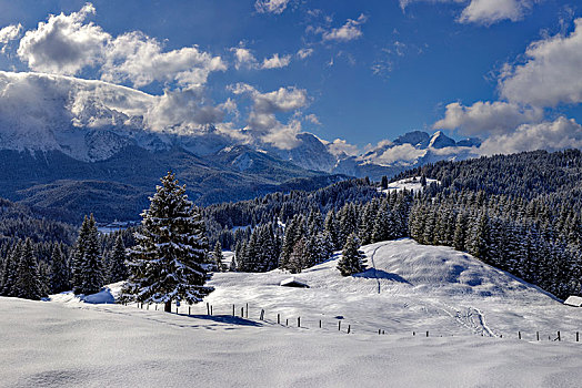 德国,上巴伐利亚,冬季风景,山,靠近,艾尔茂