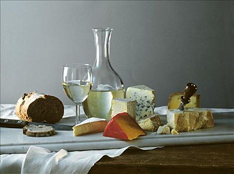 奶酪,静物,白葡萄酒,果仁面包