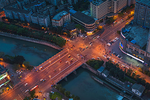 成都,市中心,高楼大厦,府南河,夜景,俯瞰