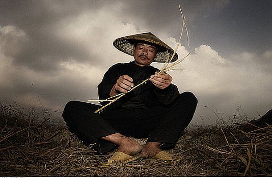 男人,编织,稻米,茎,户外,龙胜,广西,中国