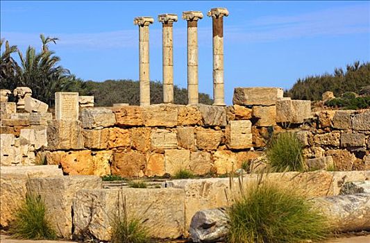 四个,古老,柱子,爱奥尼克柱式,首府,遗址,罗马,城市,莱普蒂斯马格纳,利比亚