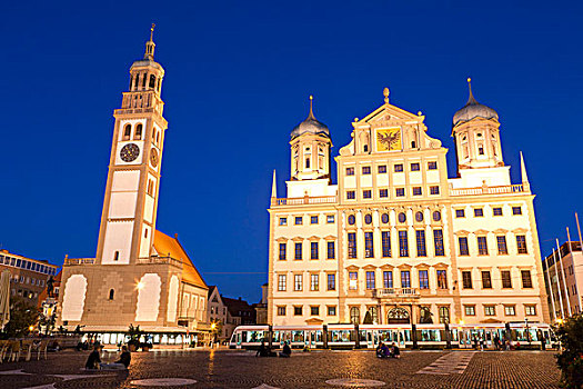市政厅广场,夜晚,塔,市政厅,奥格斯堡,巴伐利亚,德国,欧洲