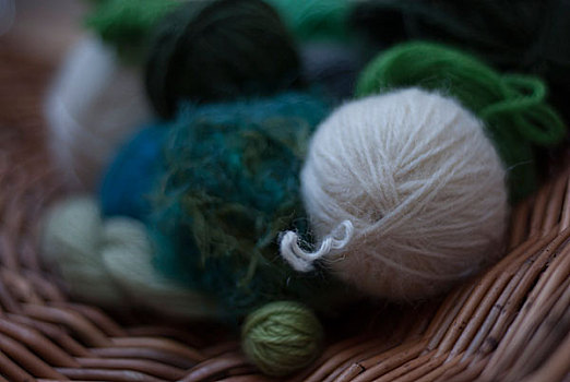 特写,软,绿色,白色,毛织品,篮子,编织
