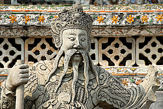 佛教,石头,雕塑,中国,战士,脸,长,胡须,郑王庙,曼谷,泰国,东南亚,亚洲