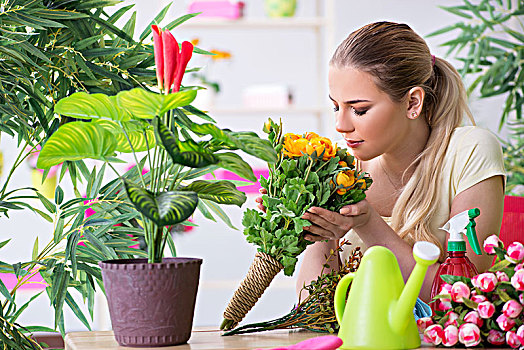 美女,浇水,植物,花园