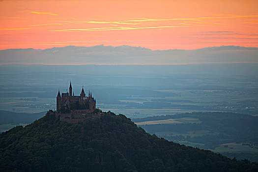 晚间,日落,靠近,霍亨索伦,城堡,巴登符腾堡,德国,欧洲