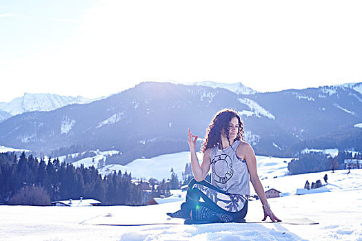 女人,练习,鼠尾草,瑜伽姿势,雪,日光,风景,奥地利