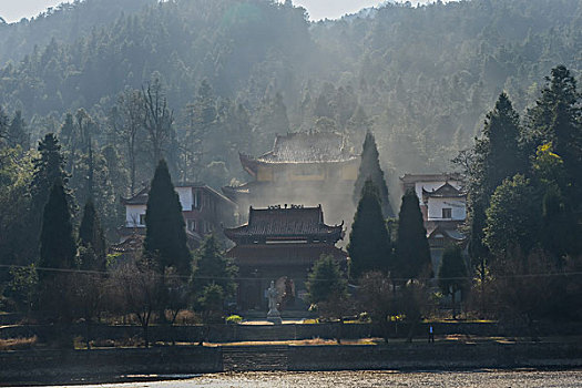 树,蓝,背景,池塘,倒影,烟,枯枝,寺庙,太阳,阳光,水,岸,淤泥,泥潭,村庄,山岗