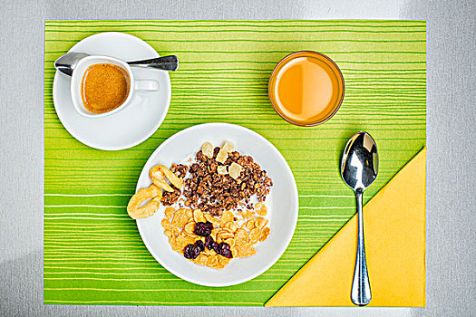 早餐,牛奶什锦早餐,浓咖啡,橙汁,风景,俯视