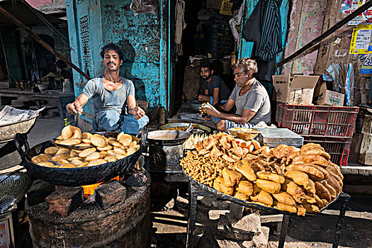 油炸,食物,食品摊,斋浦尔,拉贾斯坦邦,印度,亚洲