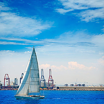 瓦伦西亚,城市港口,帆船,起重机,背景,西班牙