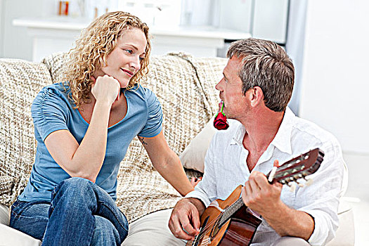 浪漫,吉他,妻子,在家