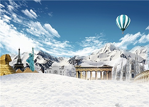 世界,地标建筑,山,雪,热气球,飞,空中
