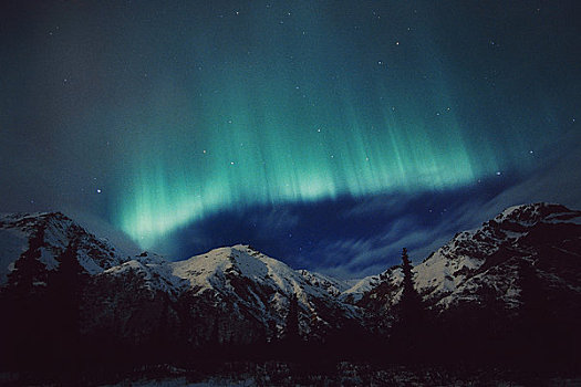 绿色,极光,上方,绵羊,山,塔基特纳,阿拉斯加,冬天