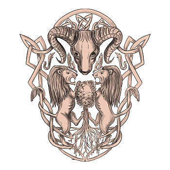 大角羊,狮子,树,盾徽,凯尔特,纹身