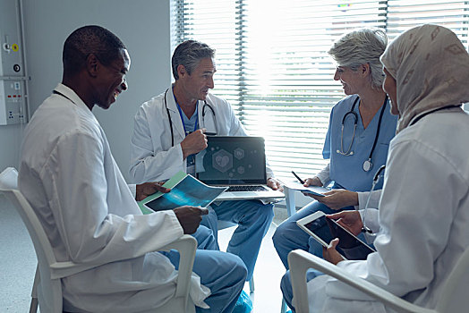 医疗,团队,讨论,上方,笔记本电脑,医院