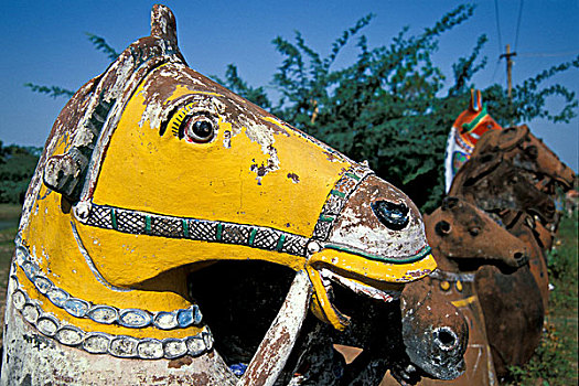 马,室外,粘土,涂绘,黄色,靠近,泰米尔纳德邦,印度南部,印度,亚洲