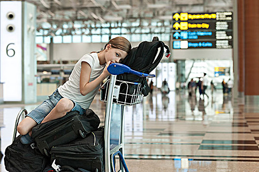 女孩,坐,上面,行李,机场