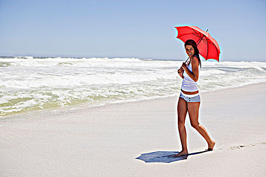 女人,走,海滩,伞