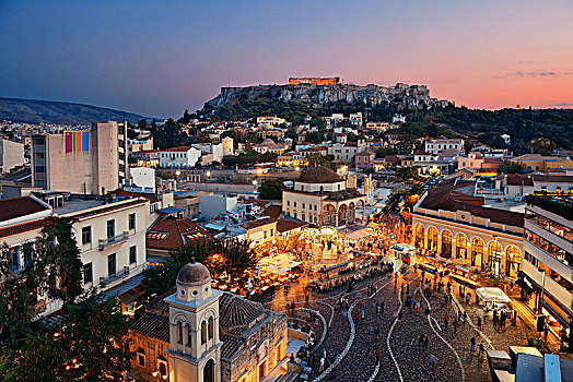 雅典,天际线,屋顶,夜拍,希腊