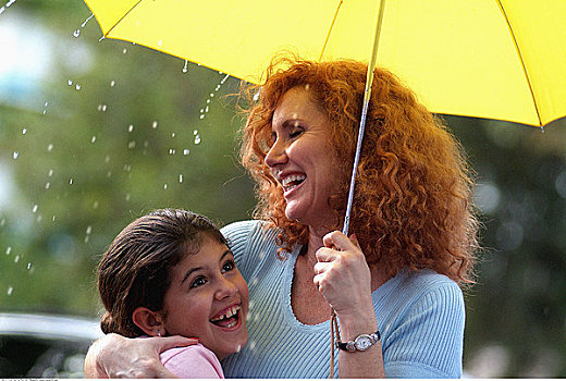 母女,伞,雨