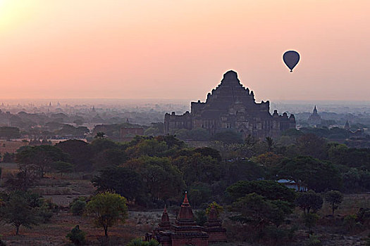 热气球,高处,古老,庙宇,日出,蒲甘,缅甸