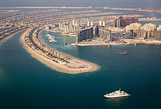 阿联酋,迪拜,俯视,手掌,人造,岛屿,形状,棕榈叶,公寓,塔,游艇
