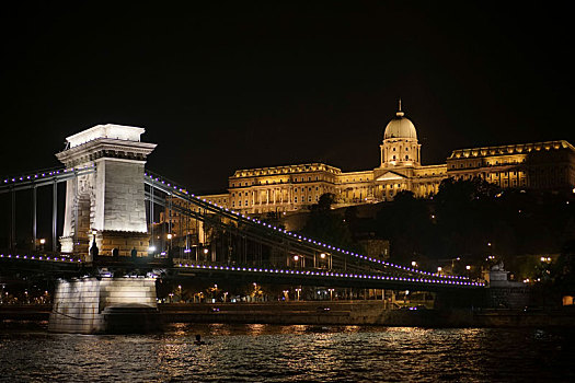 链索桥,光亮,夜晚,布达佩斯