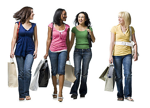 四个女人,购物袋,微笑