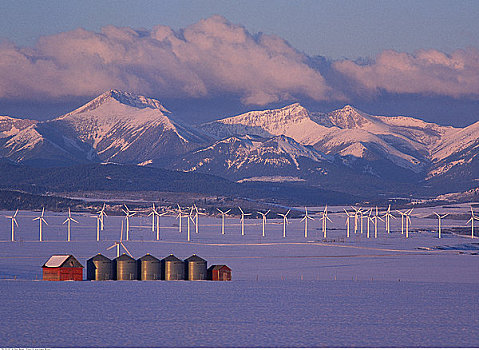 风轮机,山峦,冬天,艾伯塔省,加拿大