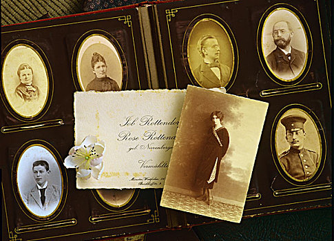 老式,照相,相册,家庭照,19世纪,婚礼,宣告,卡,照片,女青年,20年代