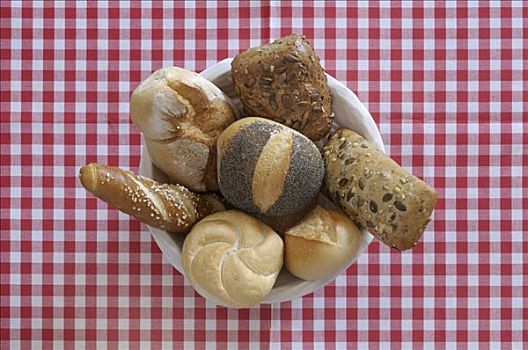 面包,面包筐,多样,红色,白色,方格,桌布