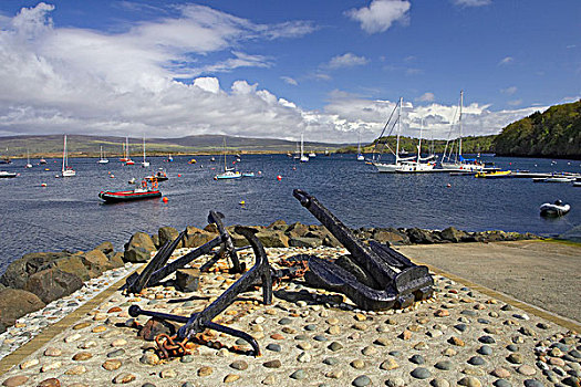 锚,游艇,水岸,托伯莫里,茂尔岛,内赫布里底群岛,苏格兰,英国,欧洲