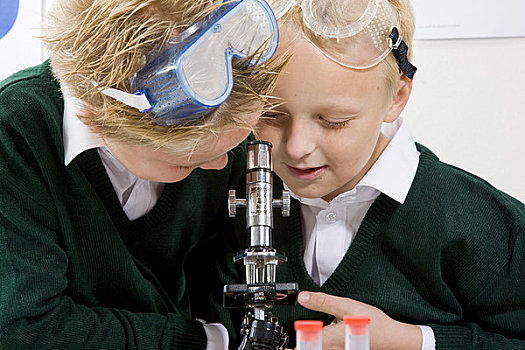 两个男孩,张望,显微镜