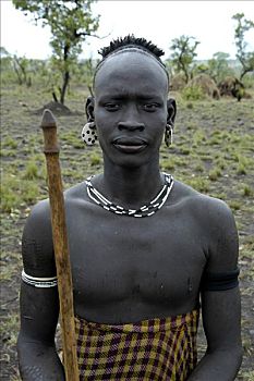 肖像,首领,莫西部落,拿着,靠近,金卡,埃塞俄比亚,非洲