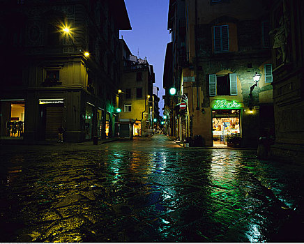 湿,城市街道,晚间,佛罗伦萨,意大利