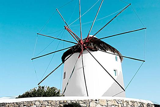 风车,蓝天,米克诺斯岛,希腊,基克拉迪群岛