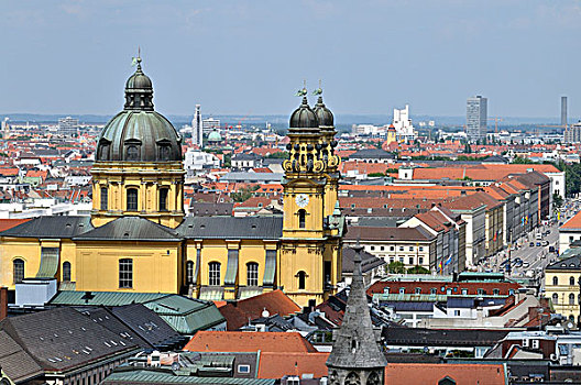 风景,尖顶,教堂,特阿蒂那教堂,街道,施瓦宾格,慕尼黑,巴伐利亚,德国,欧洲
