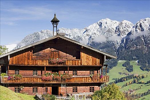 传统,农舍,正面,顶峰,基茨比厄尔,阿尔卑斯山,北方,提洛尔,奥地利,欧洲