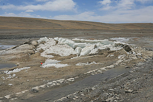 西藏青藏公路旁边的冰冻涨现象
