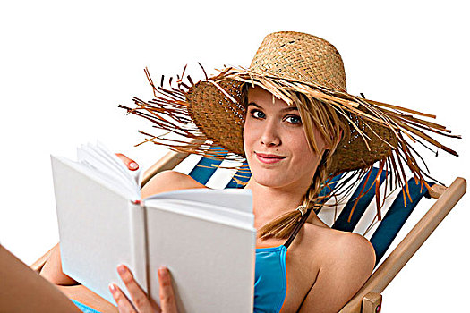 海滩,高兴,女青年,放松,书本,坐,折叠躺椅