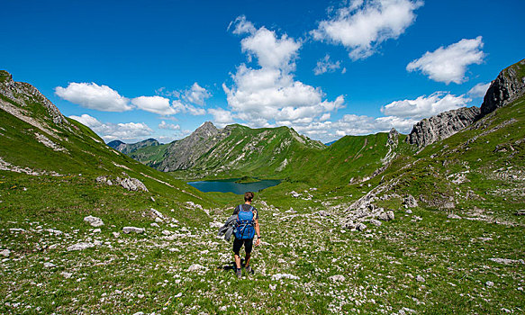远足,徒步旅行,后面,阿尔卑斯山,巴伐利亚,德国,欧洲