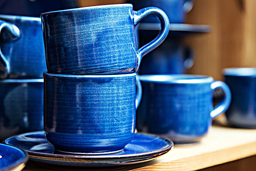 架子,几个,蓝色,陶瓷,杯子,碟