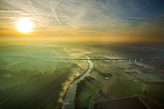 高架桥,上方,日出,雾,秋天,地区,北莱茵威斯特伐利亚,德国,欧洲