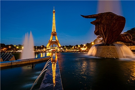 埃菲尔铁塔,托泰德豪,晚上,巴黎,法国