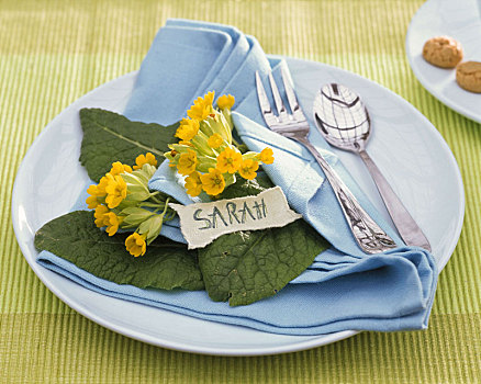 桌饰,莲香报春花,蓝色,布餐巾