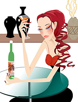 时尚插画,酒吧,酒瓶,酒杯,红酒,玻璃桌子,坐着喝酒的女子,红盘发,卷发,晚装