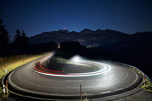 道路,汽车,星星,银河,亮光,痕迹,阿彭策尔,瑞士,欧洲
