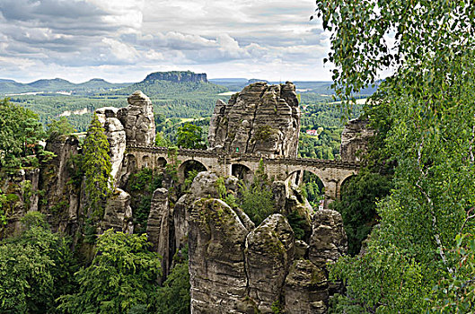 桥,后面,山,砂岩,山峦,萨克森,德国,欧洲