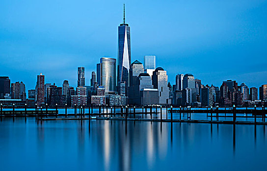 城市天际线,黄昏,一个,世界贸易中心,下曼哈顿,纽约,美国